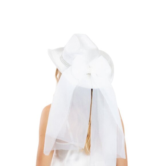 Women’s White‎ "Bride" Cowboy Hat with Pearls & Veil – Bachelorette Party - Picture 3 of 5